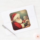 Kerstman met Kitten Retro Santa Vierkante Sticker (Envelop)