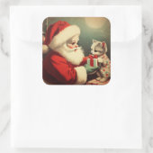 Kerstman met Kitten Retro Santa Vierkante Sticker (Tas)