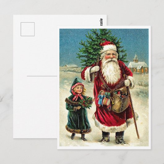 kerstman met klein meisje, prettige kerst briefkaart (Voorkant / Achterkant)