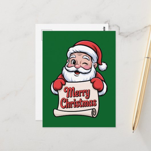 Kerstman met knipoog 🎅 "Prettig Kerstfeest" Briefkaart (Voorkant / Achterkant in situ)