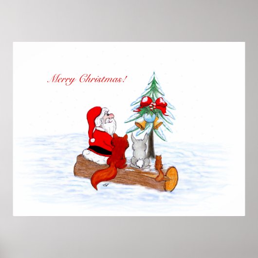 Kerstman met konijn, vos en eekhoorn poster (Voorkant)