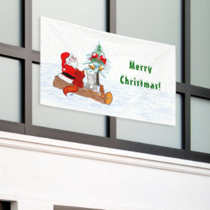 Kerstman met konijn vos en eekhoorn spandoek