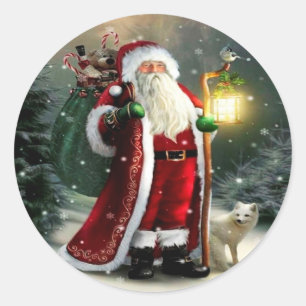 Kerstman Met Lantaarn Ronde Sticker