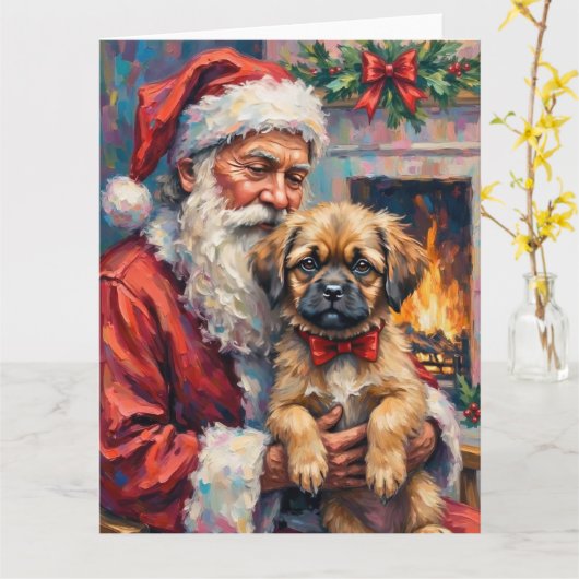 Kerstman met Lhasa Apso Kerst Kunst Kaart (Gele Bloem)