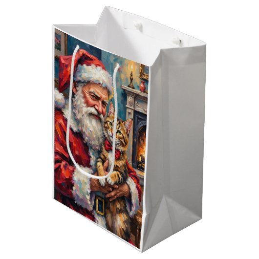 Kerstman met Maine Coon kat Kerst Kunst Medium Cadeauzakje (Voorkant Gekanteld)