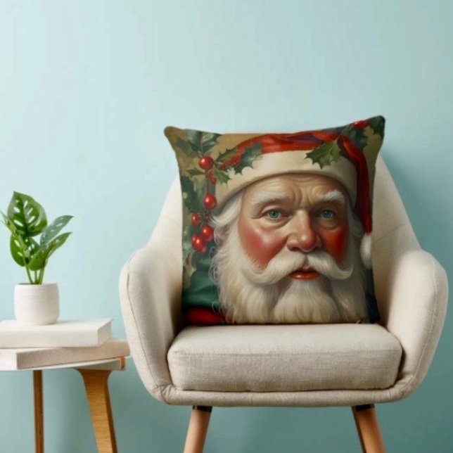 Kerstman met maretak kussen (Throw Pillow 100% polyester heavyweight stretch material. Hidden zipper Made in the USA.)