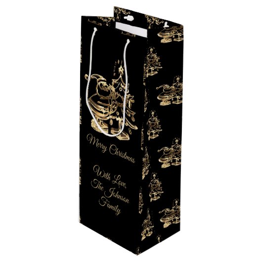 Kerstman met Merry kerstboompatroon Black Gold Wijn Cadeautas (Voorkant Gekanteld)