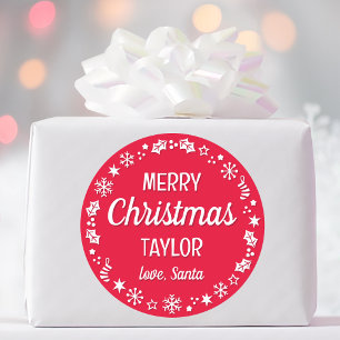 Kerstman met naam op rode achtergrond ronde sticker