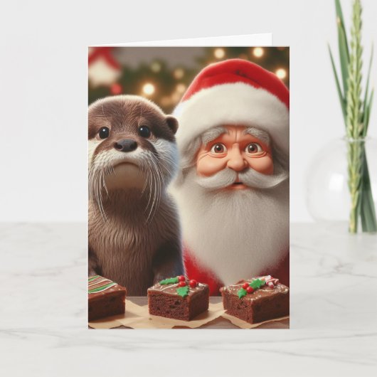 Kerstman met otter en kerstsnoepjes kaart (Voorkant)
