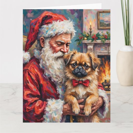 Kerstman met Pekingees Kerst Kunst Kaart (Voorkant)