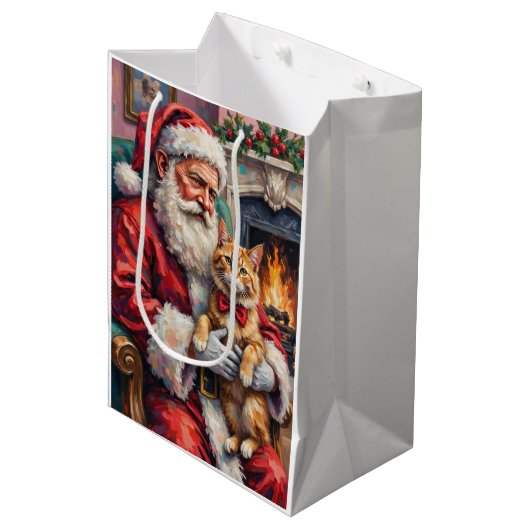 Kerstman met Perzische kat Kerstkunst Medium Cadeauzakje (Voorkant Gekanteld)
