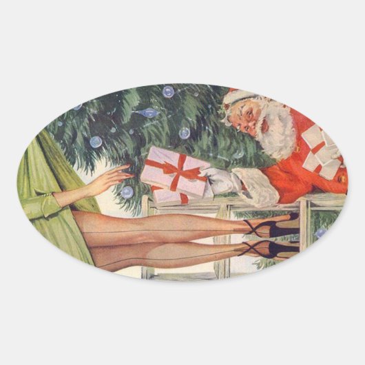 Kerstman met Pinup Meisje Benen met Geëmde Kousen Ovale Sticker (Voorkant)