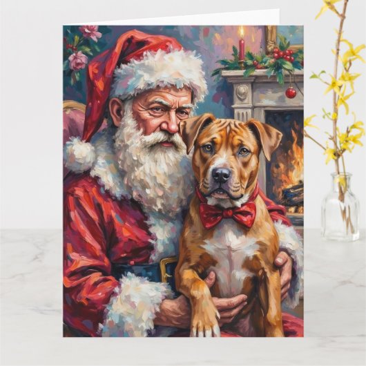Kerstman met Pitbull Kerstkunst Kaart (Gele Bloem)