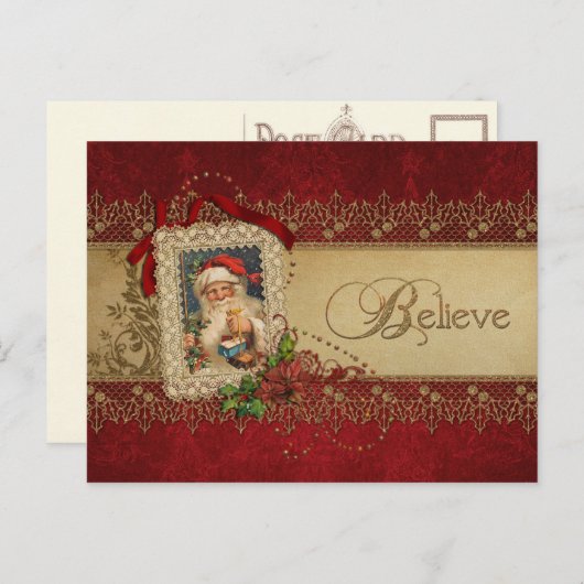  kerstman met poinsettia en gouden kant feestdagenkaart (Voorkant / Achterkant)