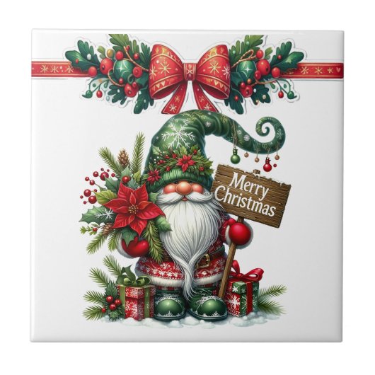 Kerstman met Poinsettia Kerstmis Tegeltje (Voorkant)
