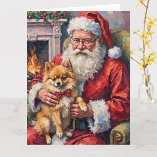 Kerstman met Pomeranian Kerstkunst Kaart (Gele Bloem)