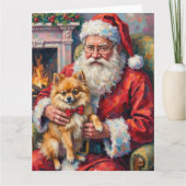 Kerstman met Pomeranian Kerstkunst Kaart (Voorkant)