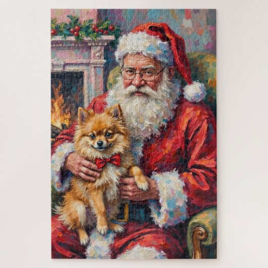 Kerstman met Pomeranian Kerstkunst Legpuzzel (Verticaal)