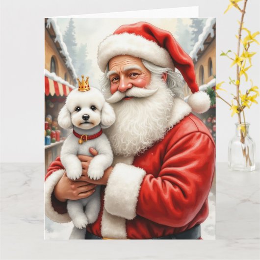 Kerstman met Poodle Kerst Kunst Kaart (Gele Bloem)
