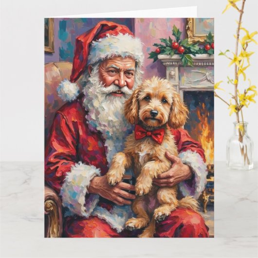 Kerstman met Poodle Kerst Kunst Kaart (Gele Bloem)