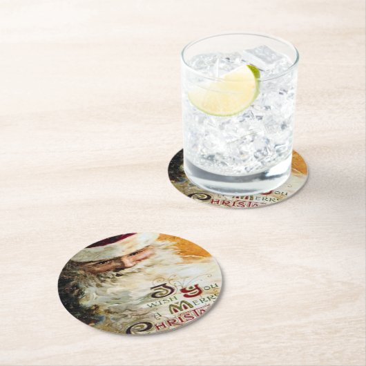  kerstman met prettige kerst ronde kartonnen onderzetter (Insitu)