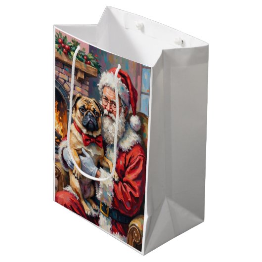 Kerstman met Pug Kerst Kunst Medium Cadeauzakje (Voorkant Gekanteld)
