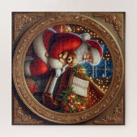 Kerstman met puppie aan de piano legpuzzel (Horizontaal)