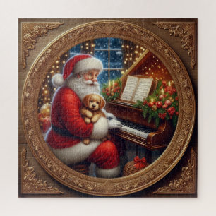Kerstman met puppie aan de piano legpuzzel