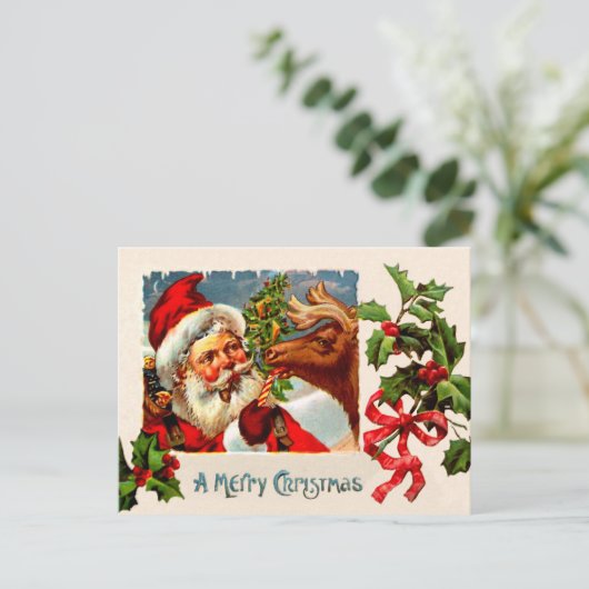 Kerstman met rendier feestdagenkaart (Staand voorkant)