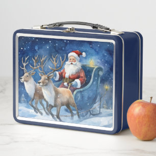 Kerstman met rendier slee besneeuwd landschap