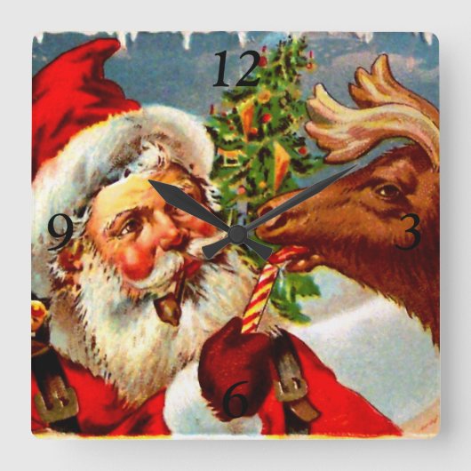 Kerstman met rendier vierkante klok (Voorkant)