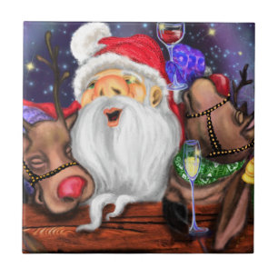 Kerstman met rendieren Grappige Keramische Kerst T Tegeltje