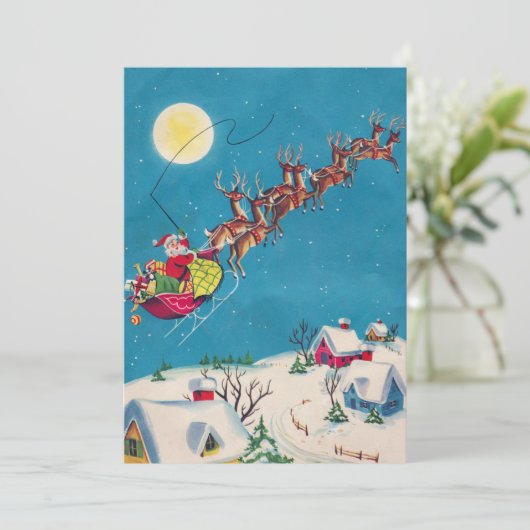  kerstman met rendierkerstnacht feestdagenkaart (Staand voorkant)