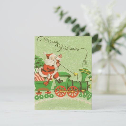 Kerstman met  Retro-kersttrein Feestdagenkaart (Staand voorkant)