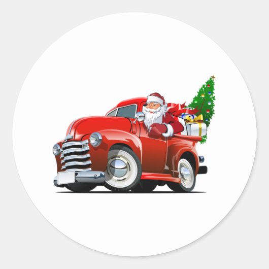  Kerstman met rode auto met kerstboom Ronde Sticker (Voorkant)