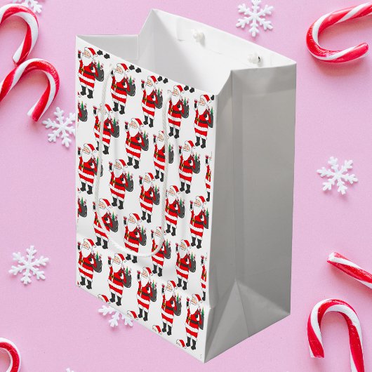 Kerstman met rode wijn glas & wijn zak kerst medium cadeauzakje