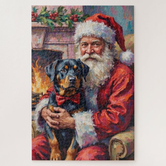 Kerstman met Rottweiler Kerst Kunst Legpuzzel (Verticaal)