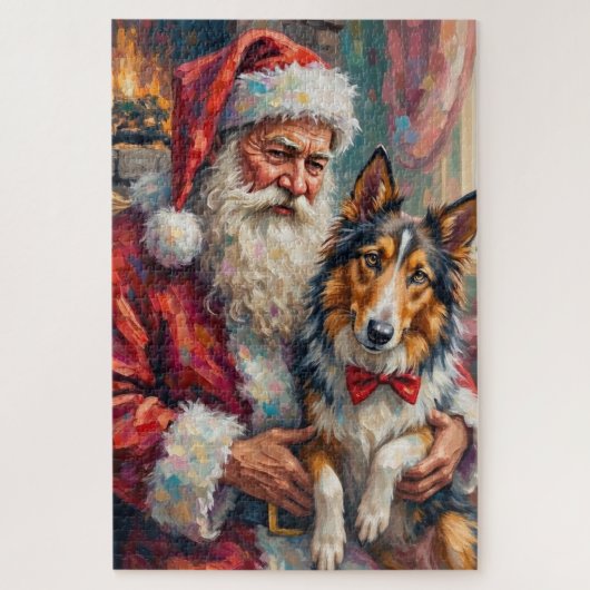 Kerstman met Rough Collie Kerst Kunst Legpuzzel (Verticaal)