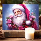 Kerstman met roze bloemen Kerstmis Feestdagen Kaart