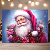 Kerstman met roze bloemen Kerstmis Feestdagen Kaart