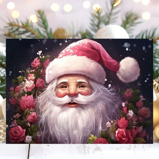 Kerstman met roze rozen Kerstmis Feestdagen Kaart