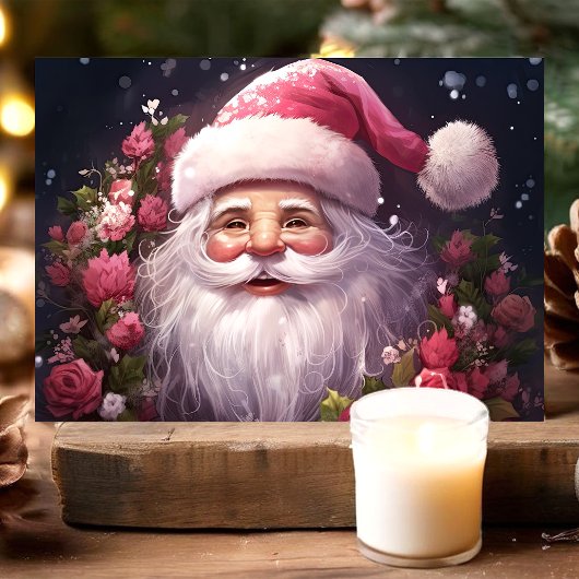 Kerstman met roze rozen Kerstmis Feestdagen Kaart