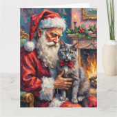 Kerstman met Russische Blauwe Kat Kerst Kunst Kaart (Voorkant)