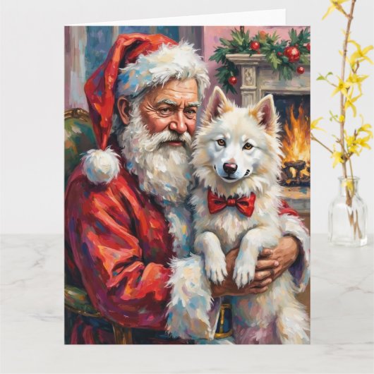 Kerstman met Samojeedse Kerst Kunst Kaart (Gele Bloem)