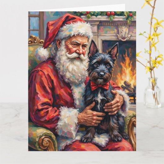 Kerstman met Schotse Terriër Kerstkunst Kaart (Gele Bloem)