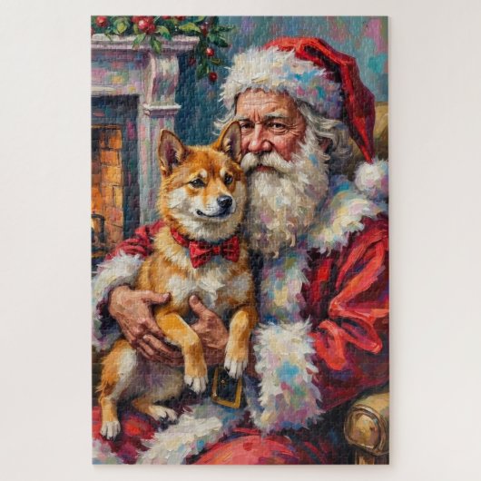 Kerstman met Shiba Inu Kerstkunst Legpuzzel (Verticaal)