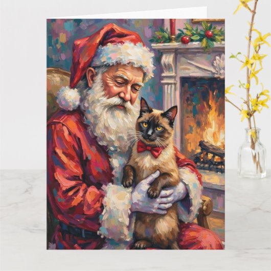 Kerstman met Siamese kat Kerstkunst Kaart (Gele Bloem)