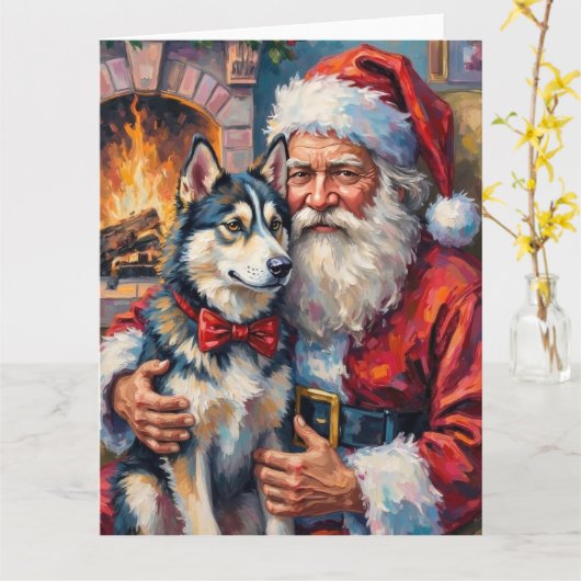 Kerstman met Siberische Husky Kerst Kunst Kaart (Gele Bloem)