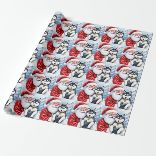 Kerstman met Siberische Husky Kerstkunst Cadeaupapier (Uitgerold)