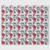 Kerstman met Siberische Husky Kerstkunst Cadeaupapier (Vlak)